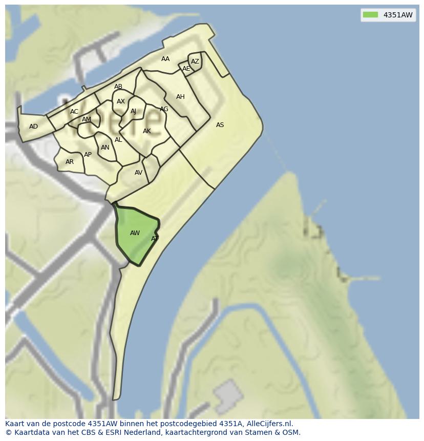 Afbeelding van het postcodegebied 4351 AW op de kaart.