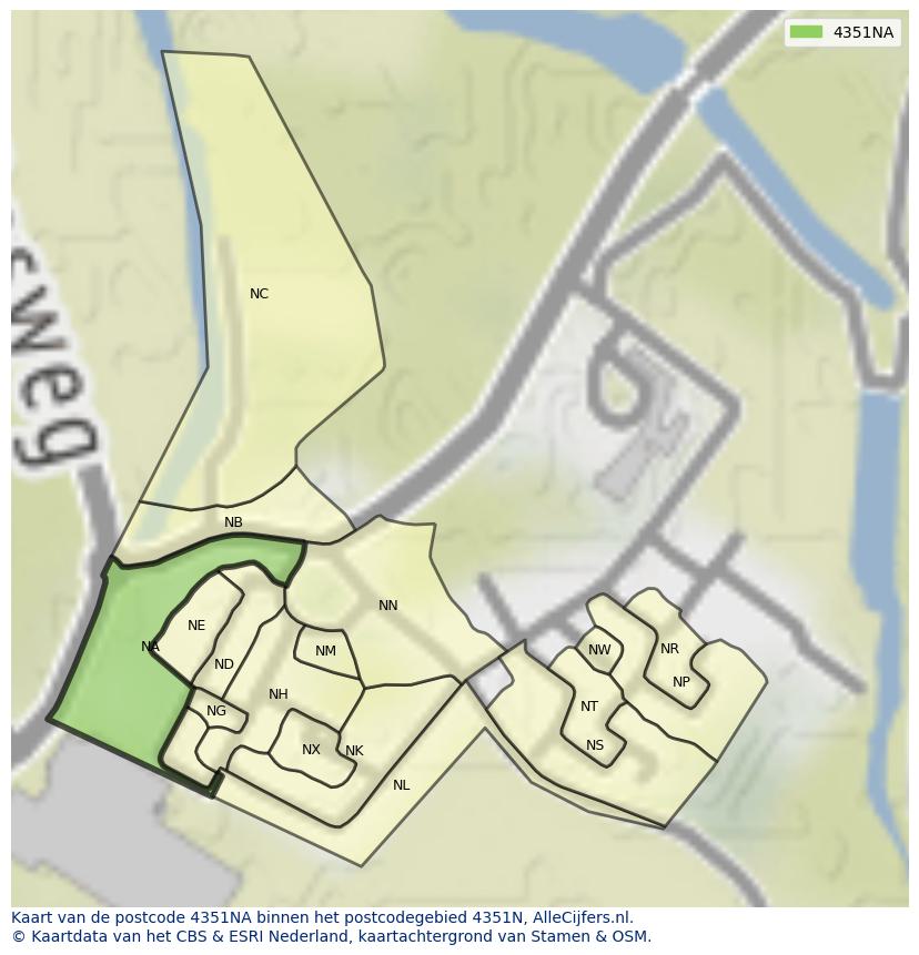 Afbeelding van het postcodegebied 4351 NA op de kaart.