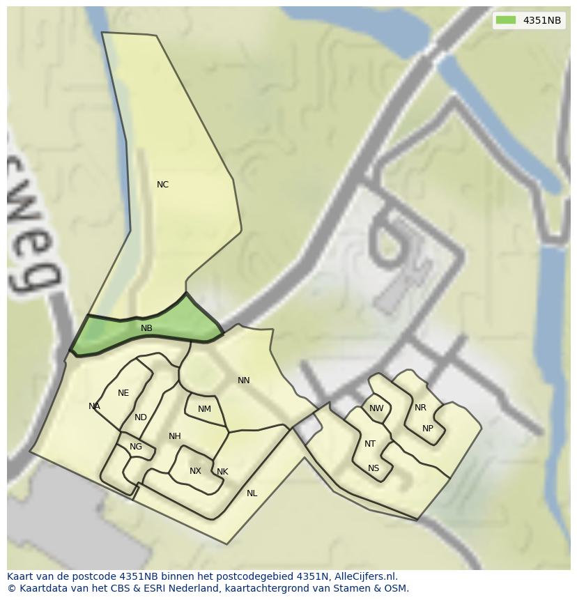 Afbeelding van het postcodegebied 4351 NB op de kaart.