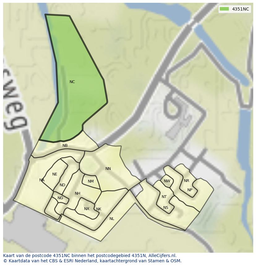 Afbeelding van het postcodegebied 4351 NC op de kaart.
