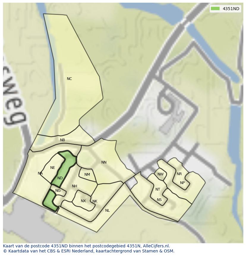 Afbeelding van het postcodegebied 4351 ND op de kaart.
