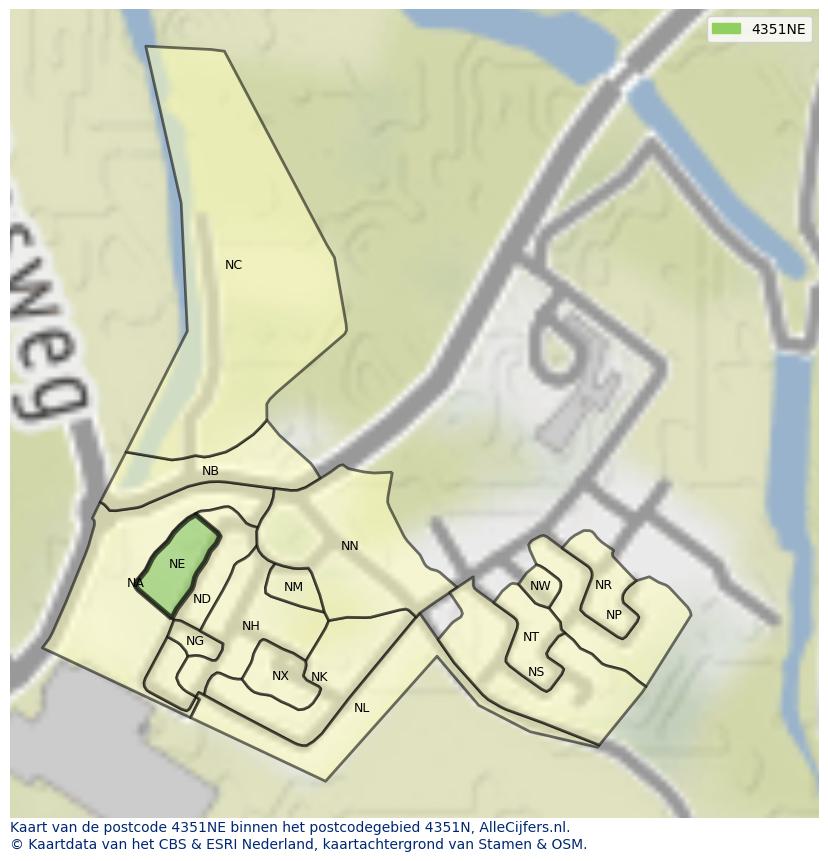 Afbeelding van het postcodegebied 4351 NE op de kaart.