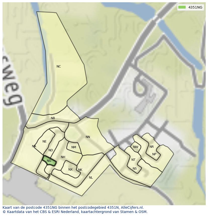 Afbeelding van het postcodegebied 4351 NG op de kaart.