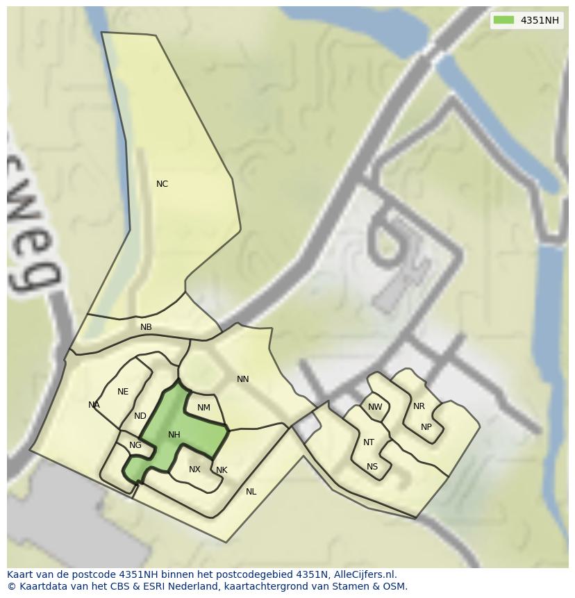 Afbeelding van het postcodegebied 4351 NH op de kaart.