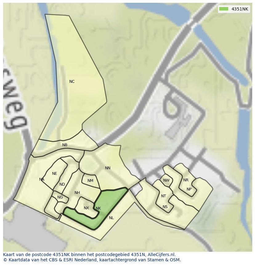 Afbeelding van het postcodegebied 4351 NK op de kaart.