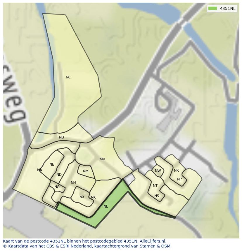 Afbeelding van het postcodegebied 4351 NL op de kaart.