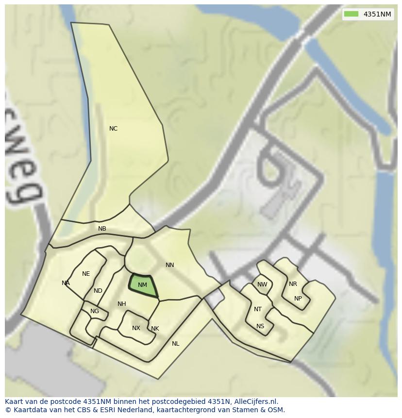 Afbeelding van het postcodegebied 4351 NM op de kaart.
