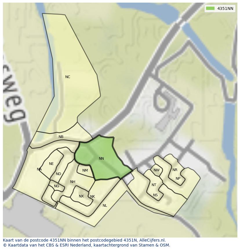 Afbeelding van het postcodegebied 4351 NN op de kaart.