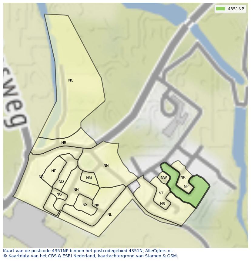 Afbeelding van het postcodegebied 4351 NP op de kaart.