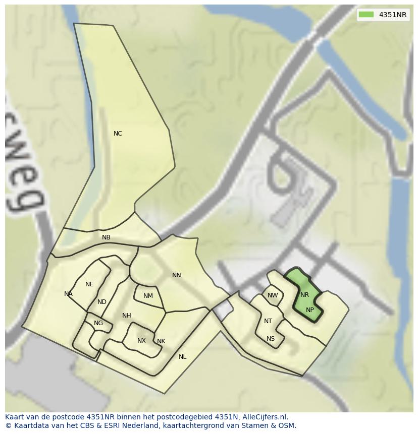 Afbeelding van het postcodegebied 4351 NR op de kaart.