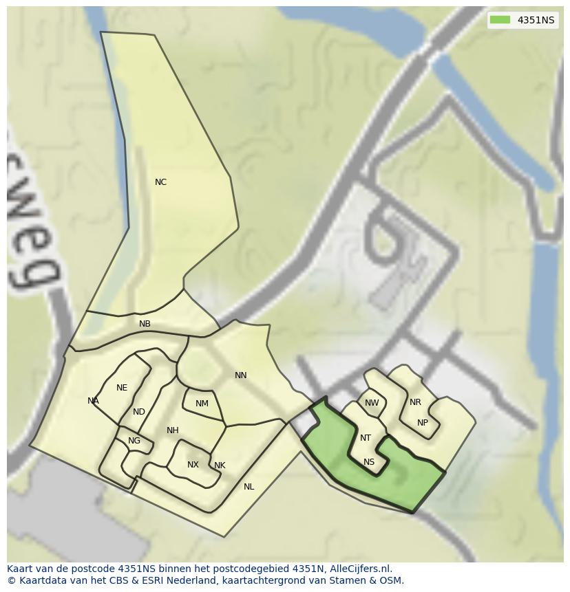 Afbeelding van het postcodegebied 4351 NS op de kaart.