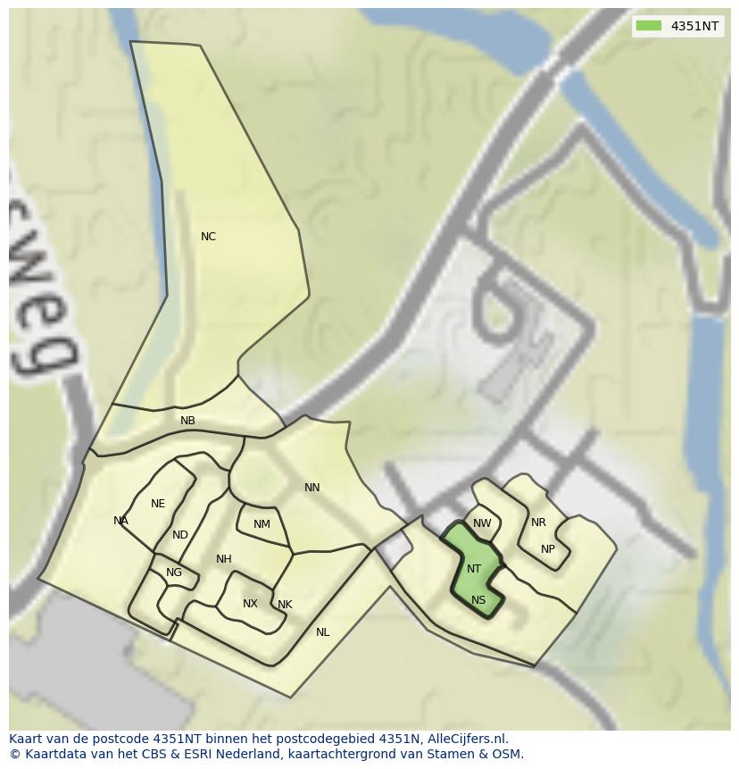 Afbeelding van het postcodegebied 4351 NT op de kaart.