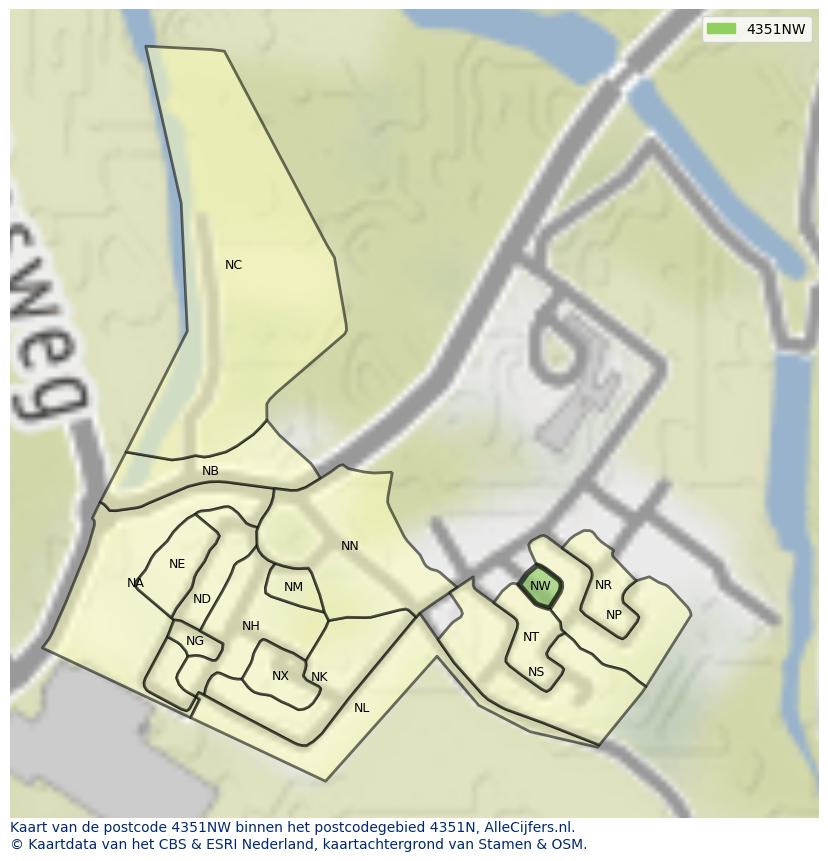 Afbeelding van het postcodegebied 4351 NW op de kaart.