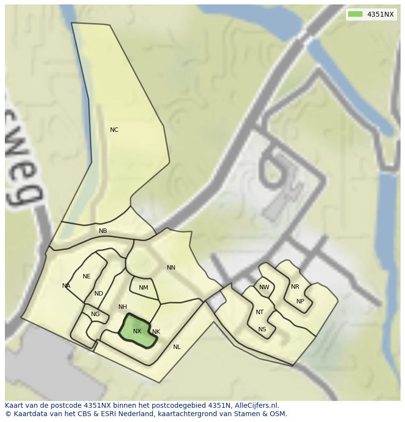 Afbeelding van het postcodegebied 4351 NX op de kaart.
