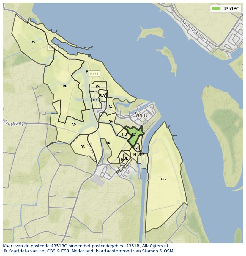 Afbeelding van het postcodegebied 4351 RC op de kaart.