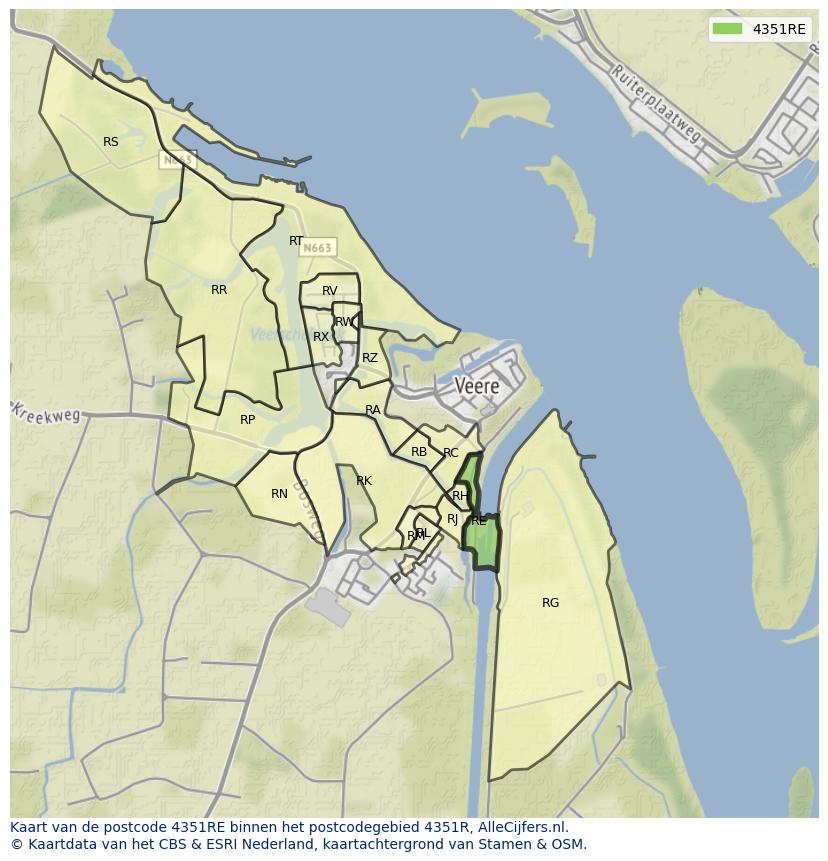 Afbeelding van het postcodegebied 4351 RE op de kaart.