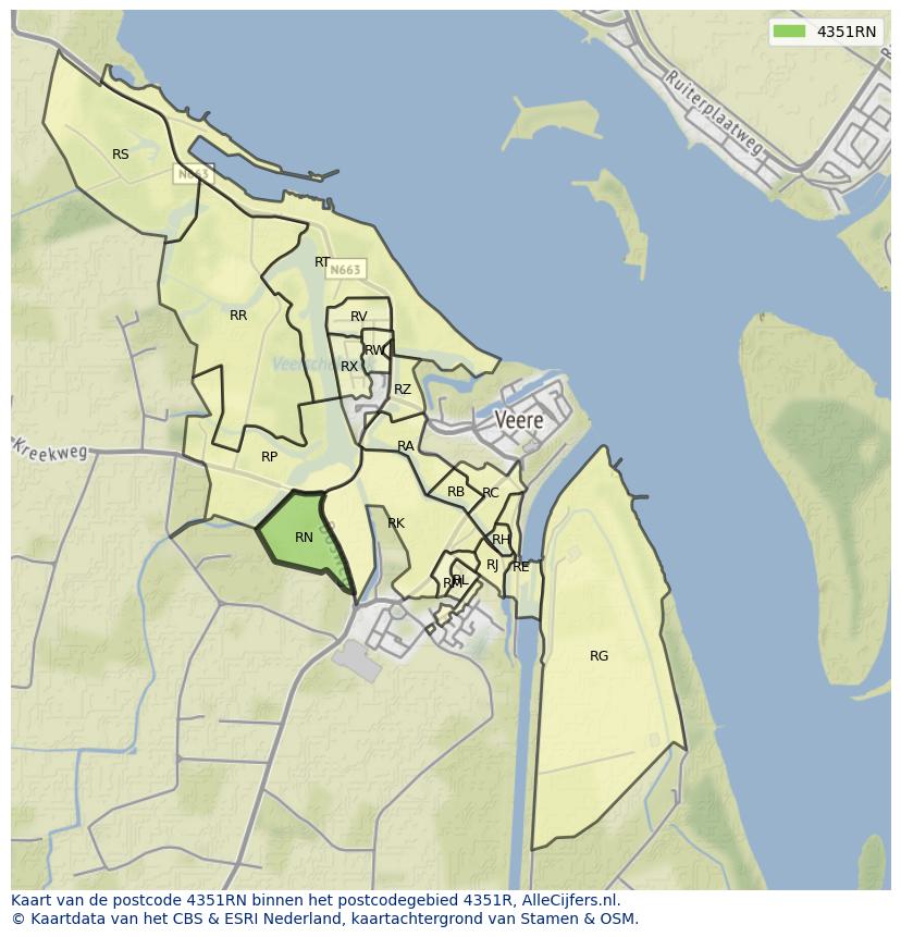 Afbeelding van het postcodegebied 4351 RN op de kaart.