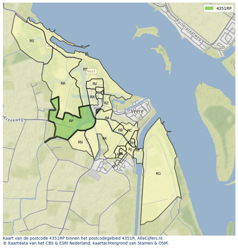 Afbeelding van het postcodegebied 4351 RP op de kaart.