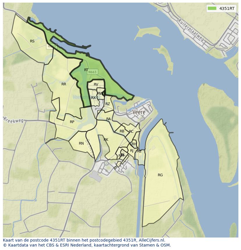 Afbeelding van het postcodegebied 4351 RT op de kaart.