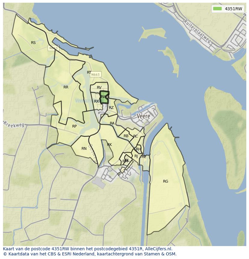 Afbeelding van het postcodegebied 4351 RW op de kaart.