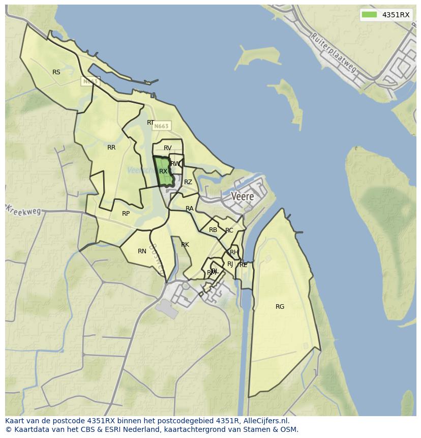 Afbeelding van het postcodegebied 4351 RX op de kaart.