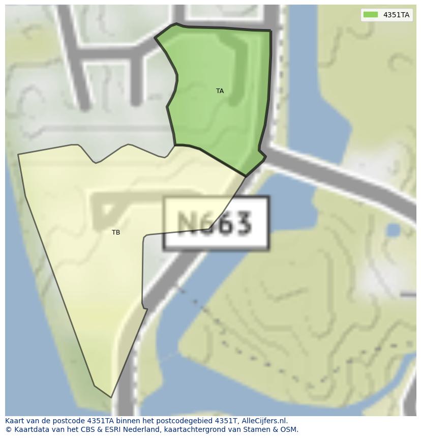 Afbeelding van het postcodegebied 4351 TA op de kaart.