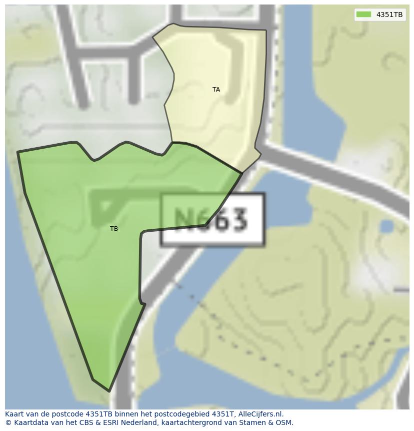 Afbeelding van het postcodegebied 4351 TB op de kaart.