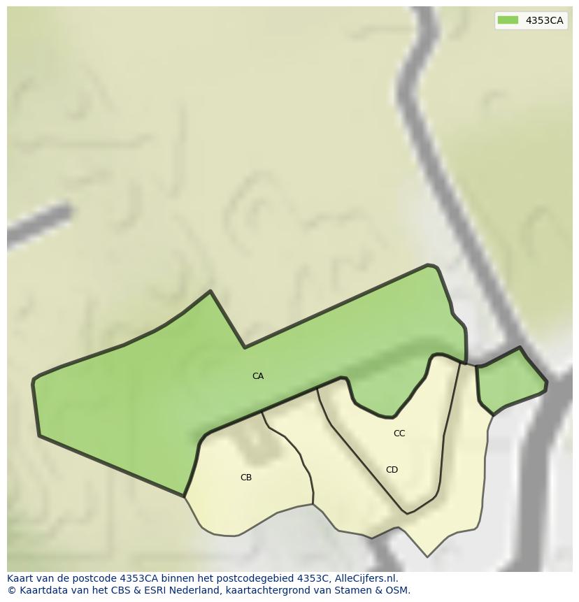 Afbeelding van het postcodegebied 4353 CA op de kaart.