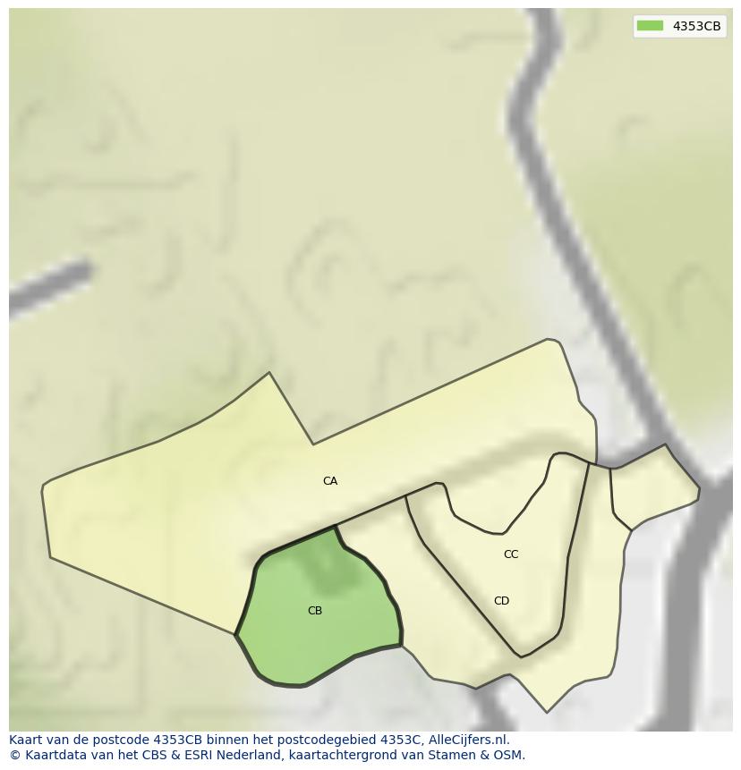 Afbeelding van het postcodegebied 4353 CB op de kaart.