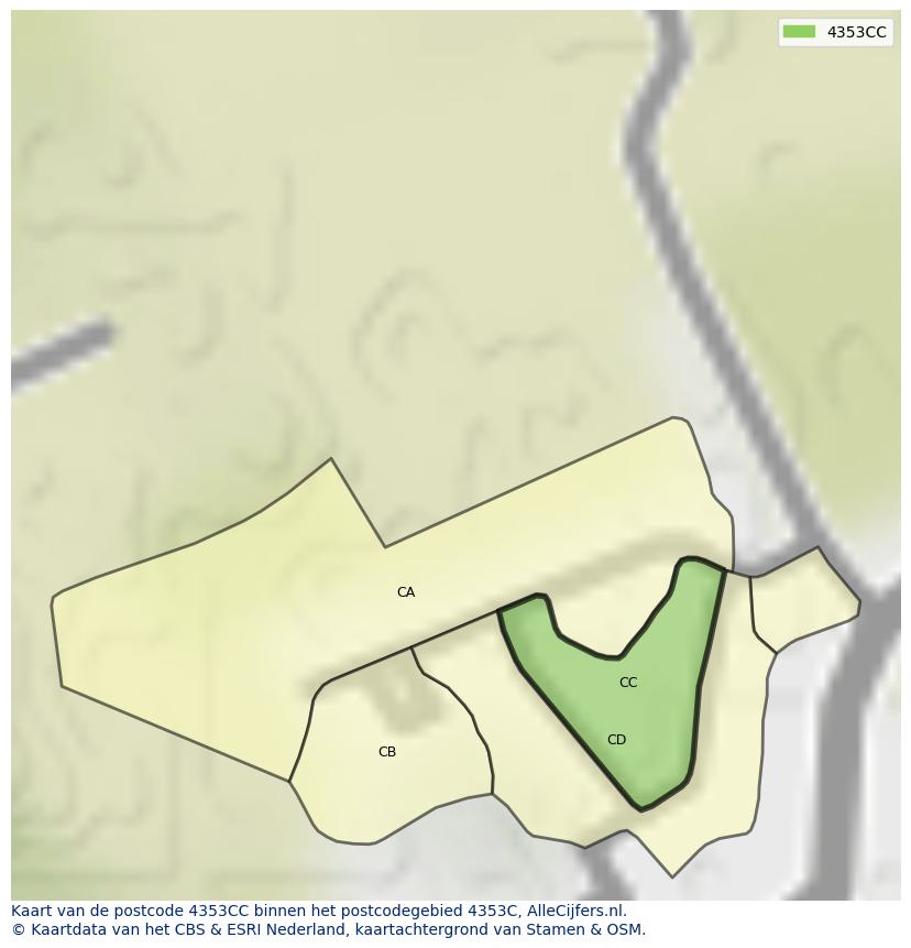 Afbeelding van het postcodegebied 4353 CC op de kaart.