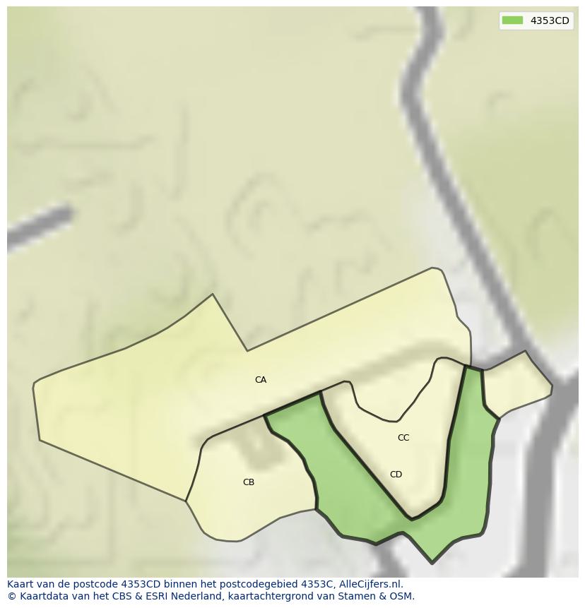 Afbeelding van het postcodegebied 4353 CD op de kaart.