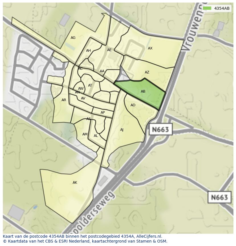 Afbeelding van het postcodegebied 4354 AB op de kaart.