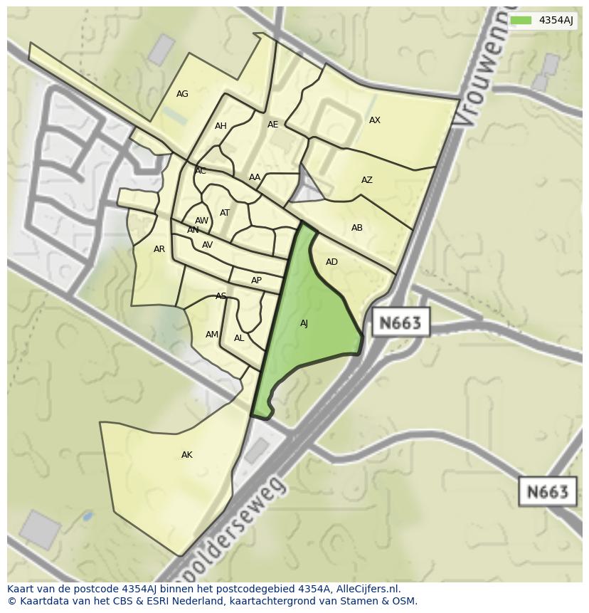 Afbeelding van het postcodegebied 4354 AJ op de kaart.