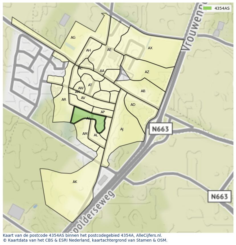 Afbeelding van het postcodegebied 4354 AS op de kaart.