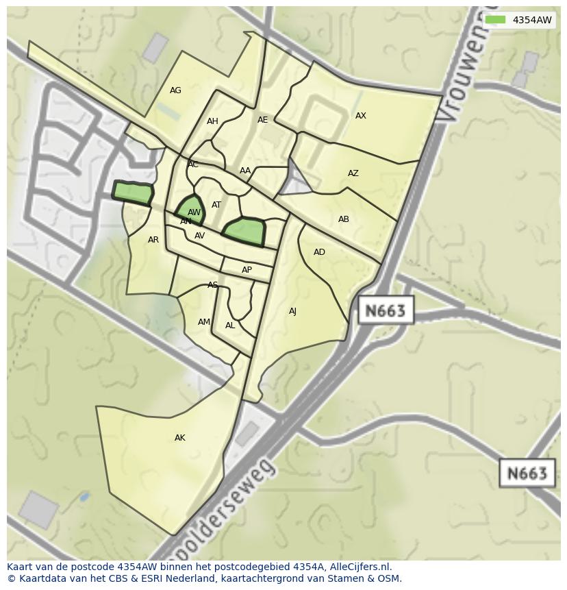 Afbeelding van het postcodegebied 4354 AW op de kaart.