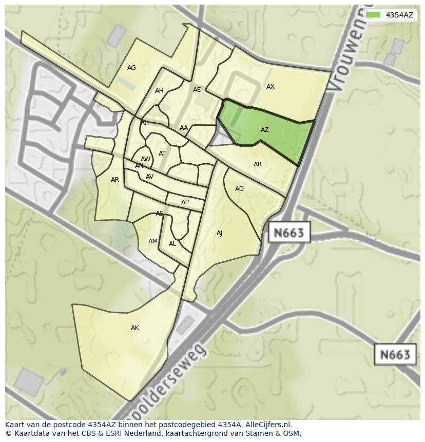 Afbeelding van het postcodegebied 4354 AZ op de kaart.