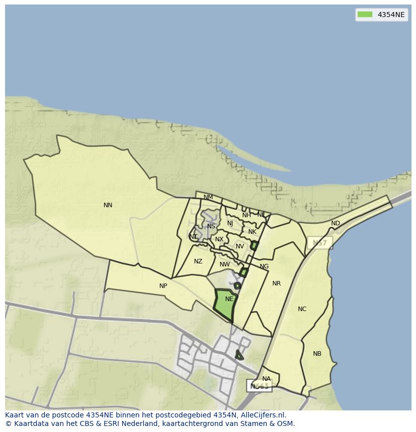 Afbeelding van het postcodegebied 4354 NE op de kaart.
