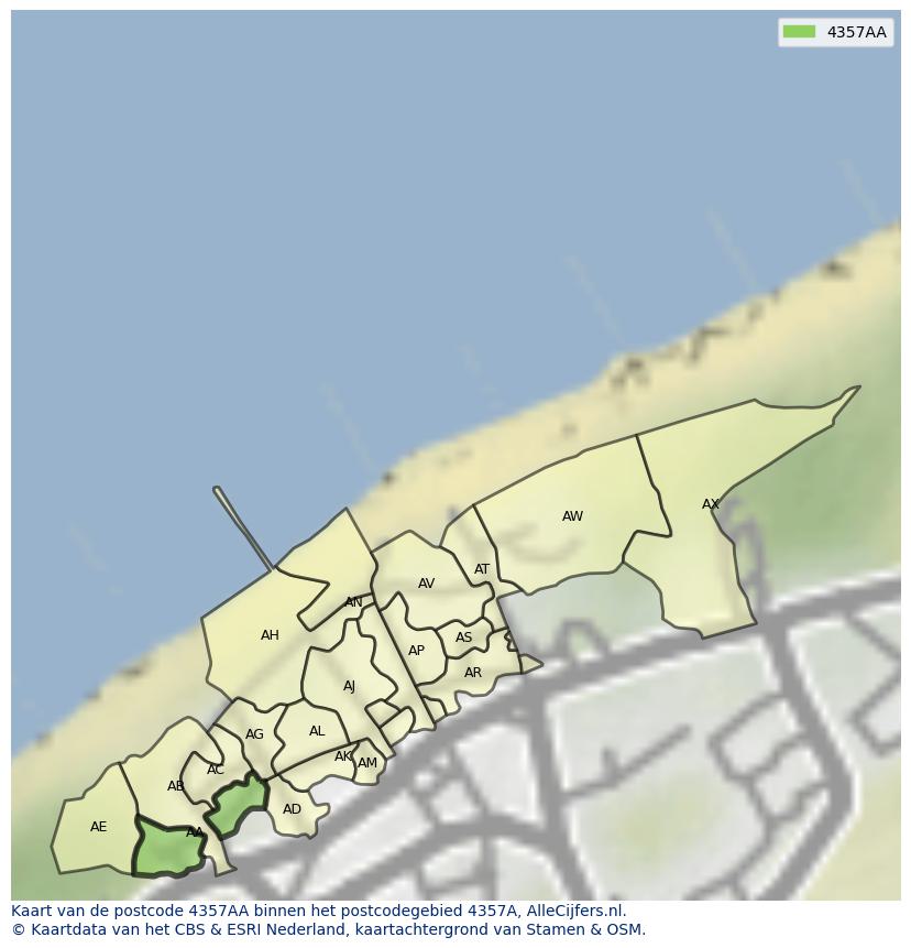 Afbeelding van het postcodegebied 4357 AA op de kaart.