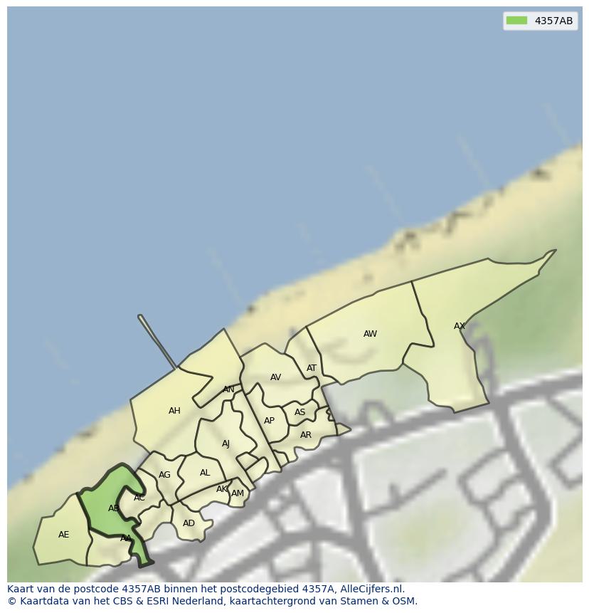 Afbeelding van het postcodegebied 4357 AB op de kaart.