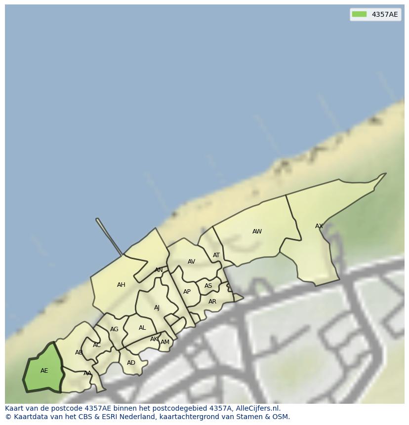 Afbeelding van het postcodegebied 4357 AE op de kaart.