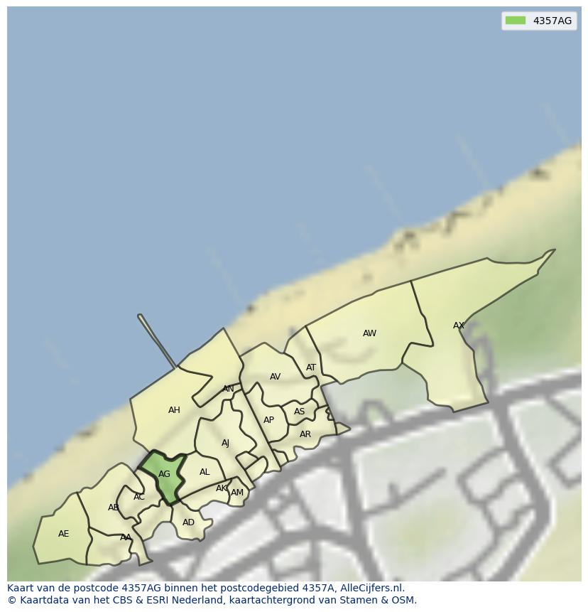 Afbeelding van het postcodegebied 4357 AG op de kaart.