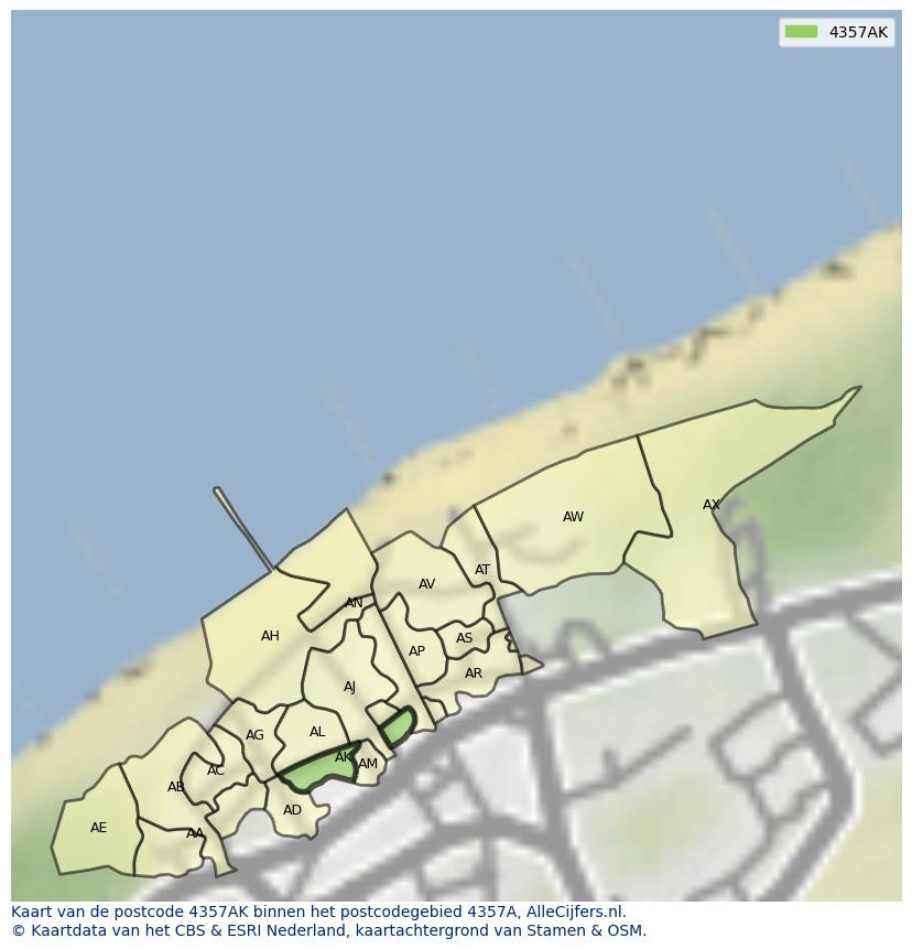 Afbeelding van het postcodegebied 4357 AK op de kaart.