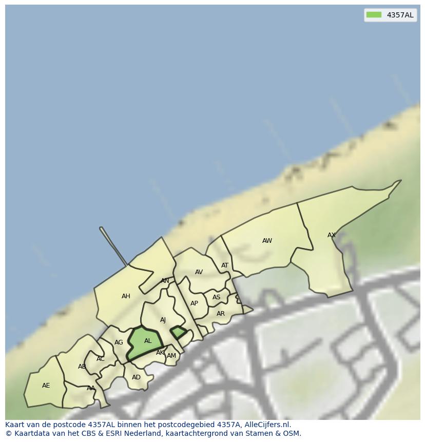 Afbeelding van het postcodegebied 4357 AL op de kaart.