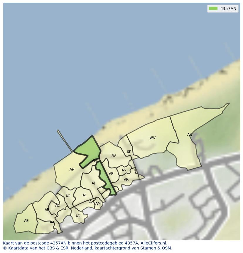 Afbeelding van het postcodegebied 4357 AN op de kaart.