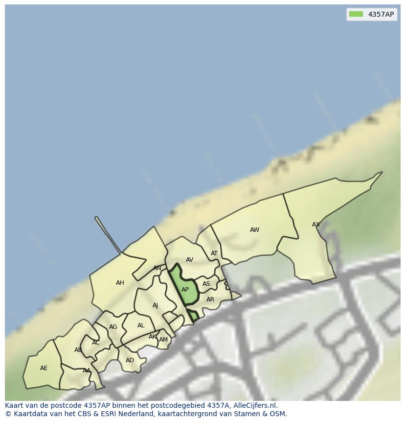 Afbeelding van het postcodegebied 4357 AP op de kaart.
