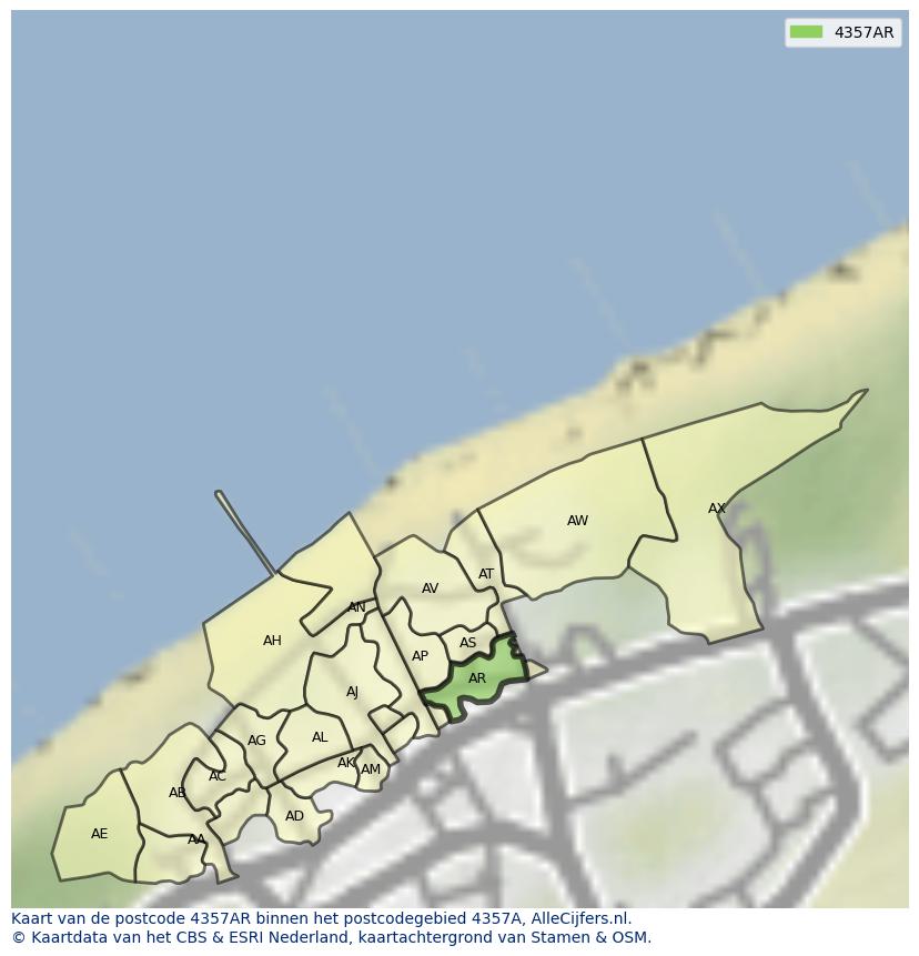 Afbeelding van het postcodegebied 4357 AR op de kaart.