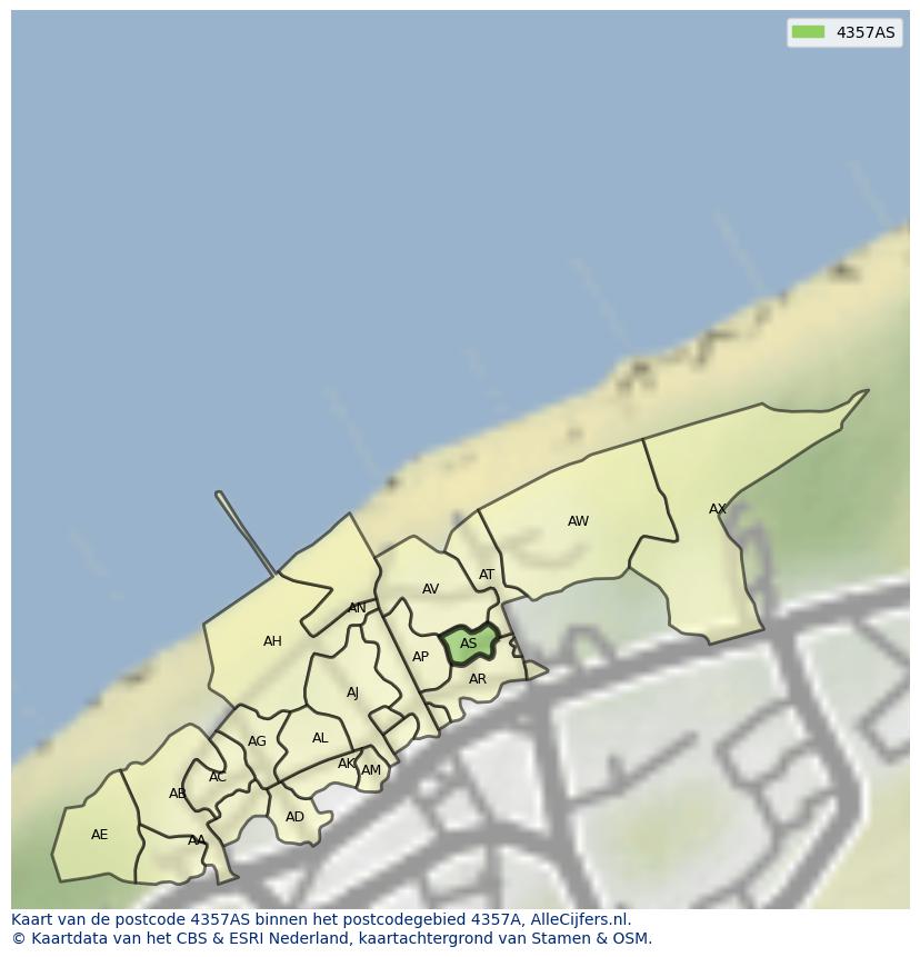 Afbeelding van het postcodegebied 4357 AS op de kaart.