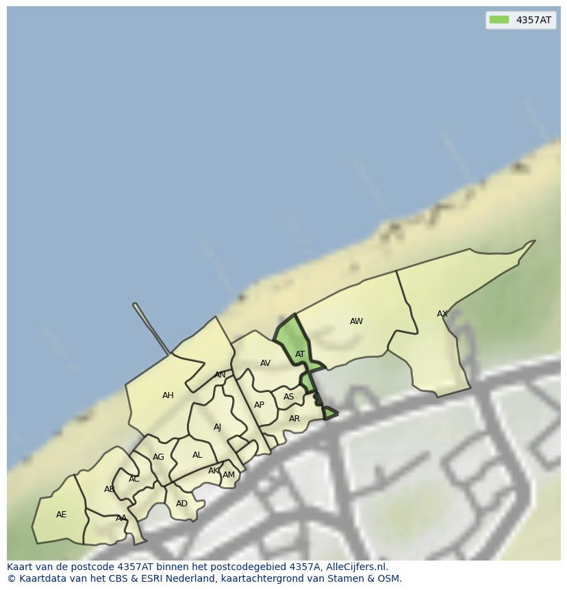 Afbeelding van het postcodegebied 4357 AT op de kaart.