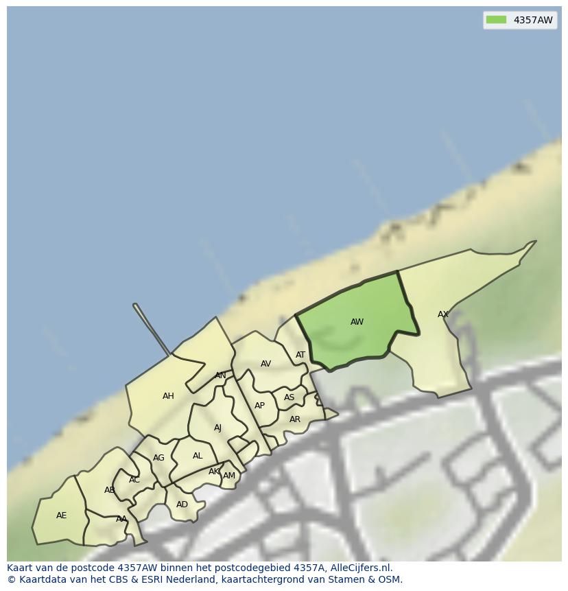 Afbeelding van het postcodegebied 4357 AW op de kaart.