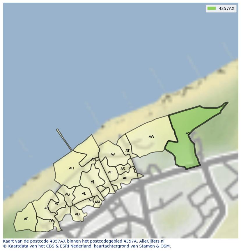 Afbeelding van het postcodegebied 4357 AX op de kaart.